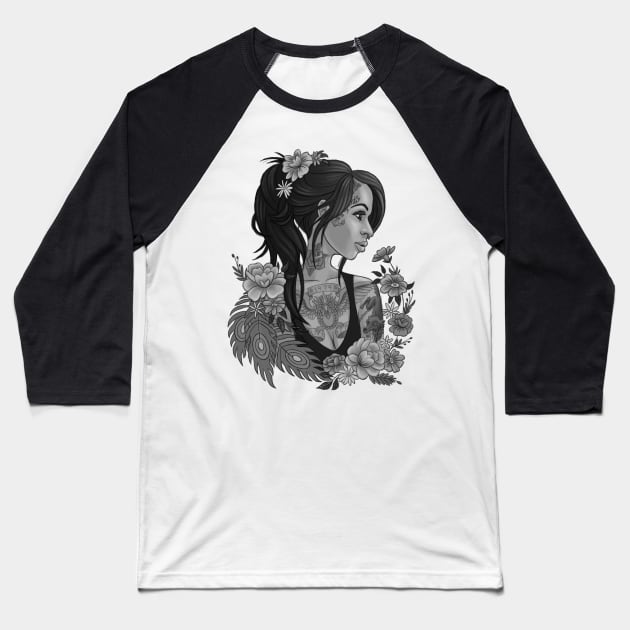 Tattoo Pin-Up Girl Baseball T-Shirt by Phibber